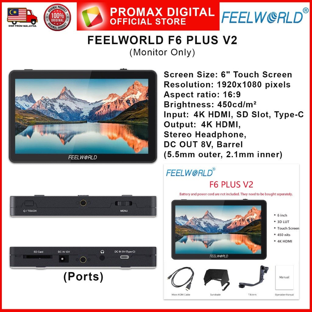 FEELWORLD F6 Plus V2 6 Inch IPS 3D LUT Touch Screen 4K HDMI Camera Field Monitor