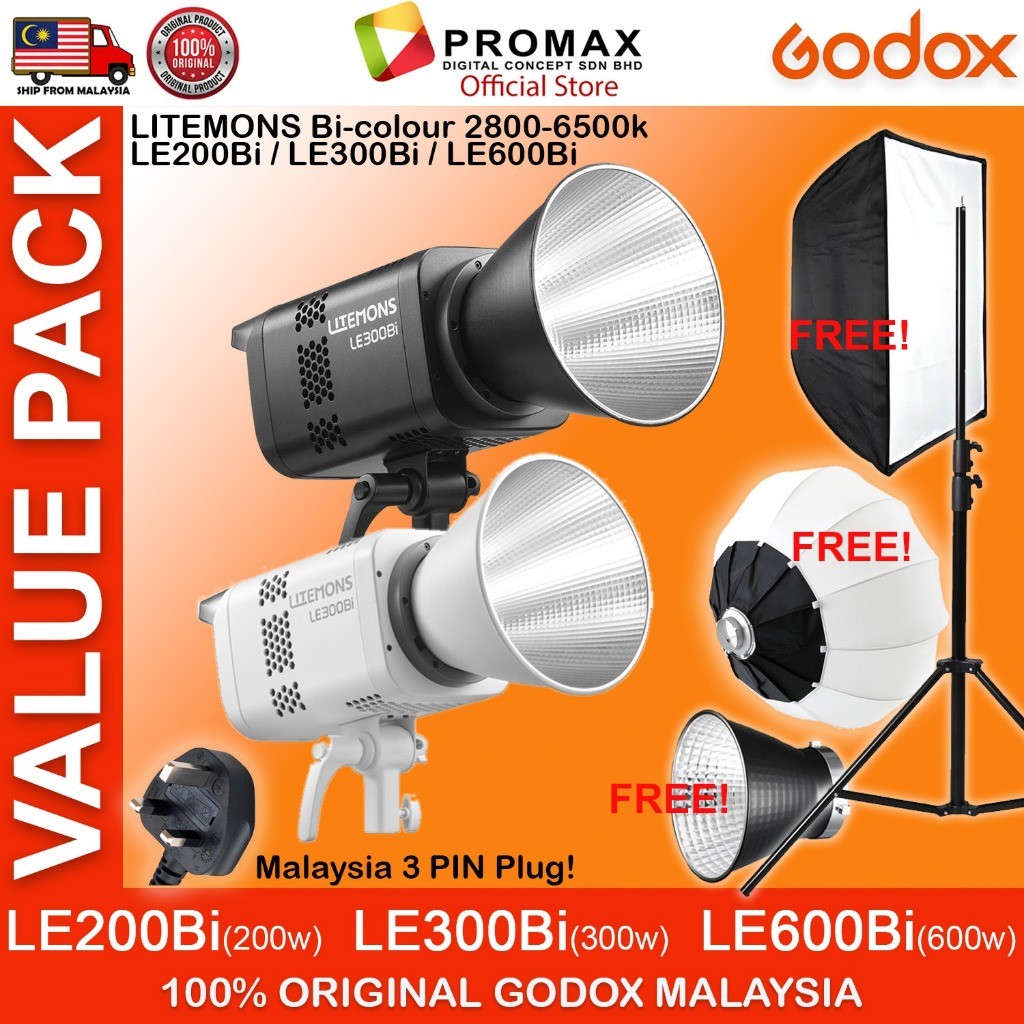 VALUE PACK!! GODOX LE200D LE200Bi LE300Bi LE600Bi  Litemons Bi-Color 2800 - 6500K Studio Light 5600K