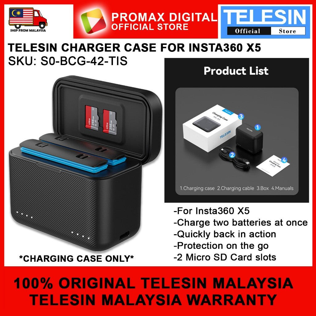 TELESIN S0-BCG-42-TIS CHARGER CASE FOR X5 BATTERY BATTERY CHARGING CASE WITH SD CARD SLOT