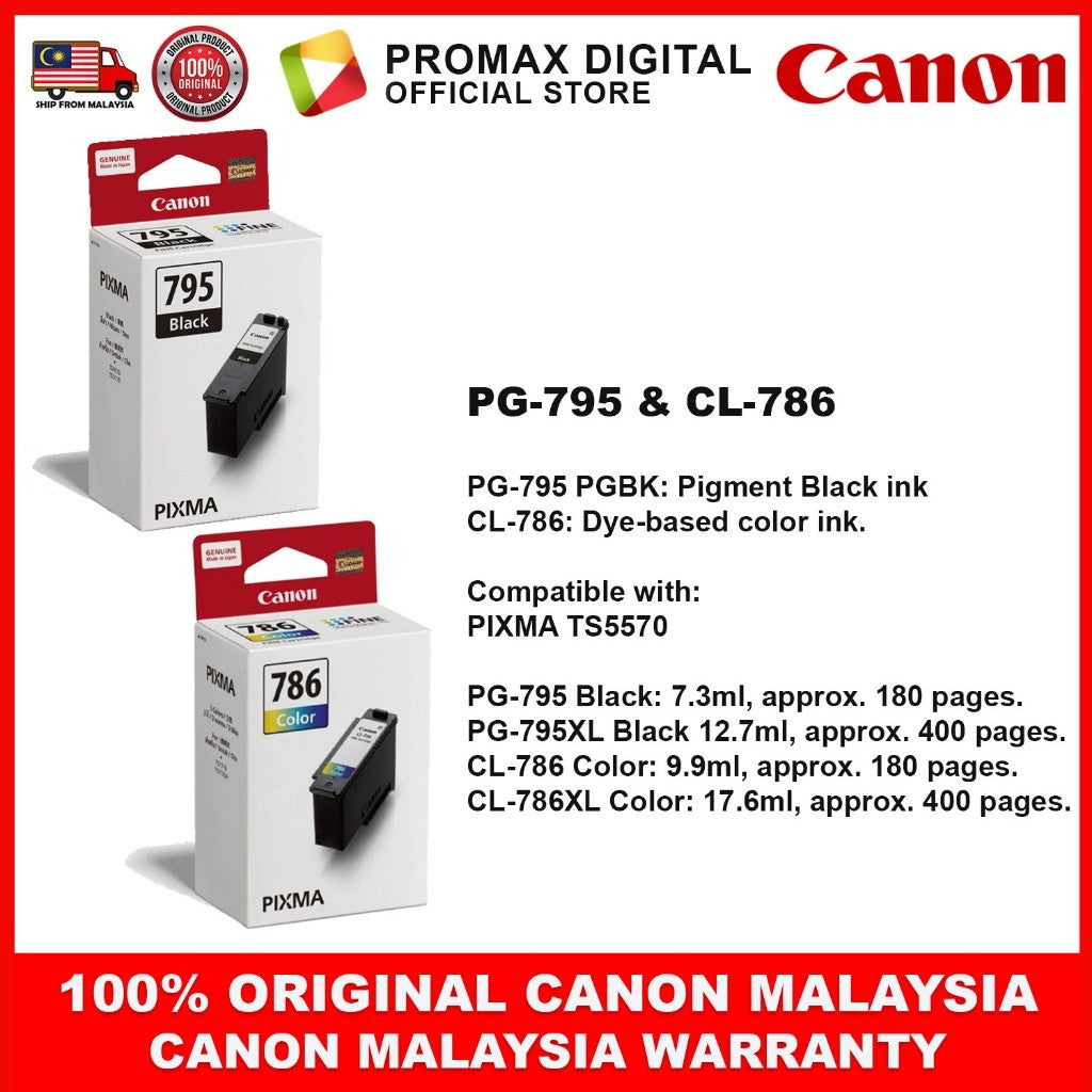 CANON PG-795 CL-786 PG-795XL CL-786XL INK BLACK CYAN MAGENTA YELLOW PRINTER INK TS5570 TS7770