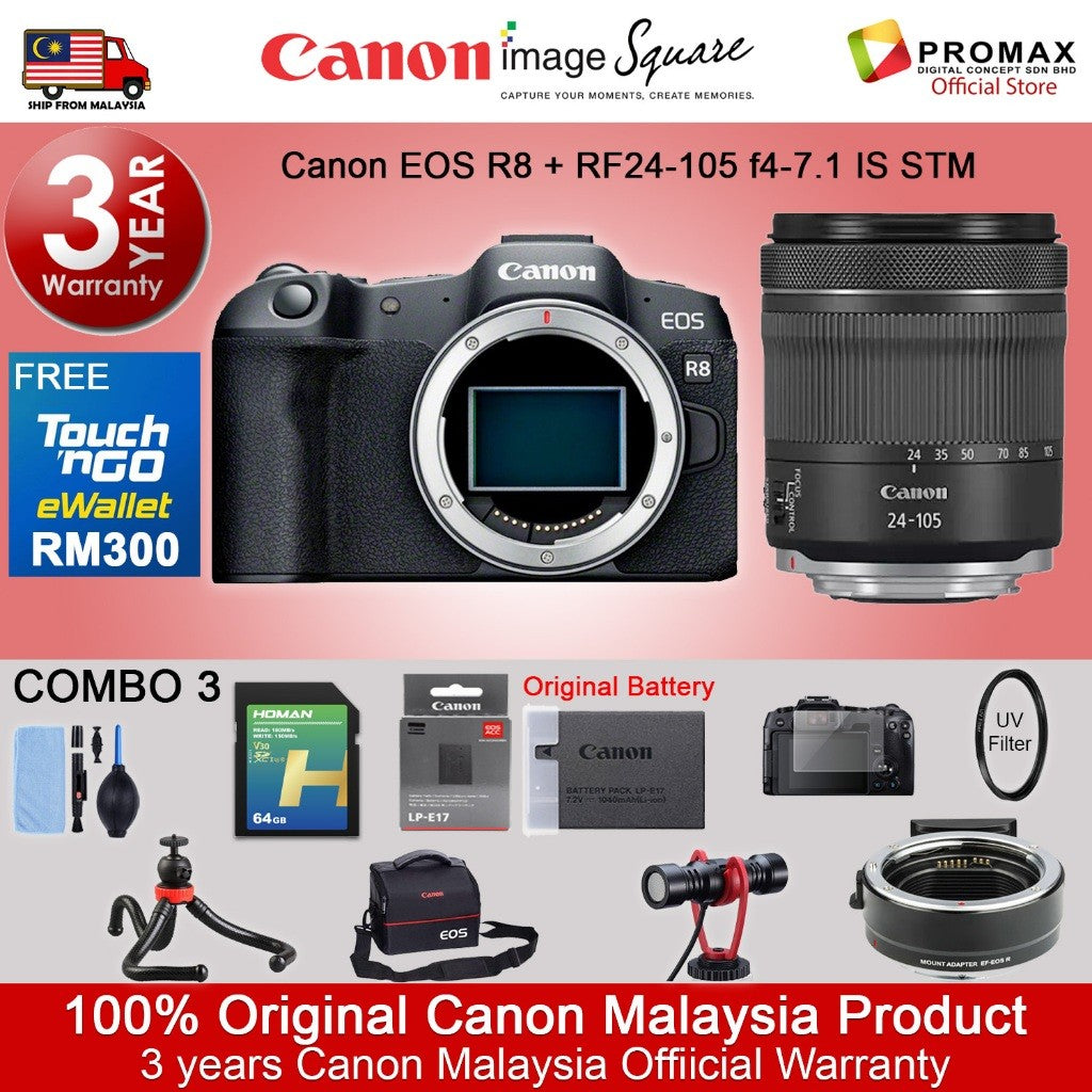 Canon EOS R8 Body & R8 RF 24-50mm f/4.5-6.3 IS STM Mirrorless Camera (Canon R8 Malaysia 3 Years Warranty)