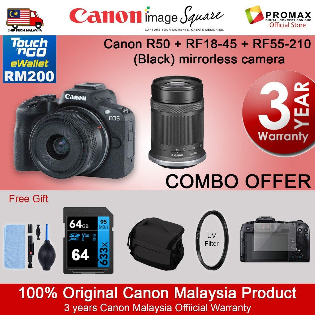 CHEAPEST! Canon EOS R50 18-45mm 55-210mm Mirrorless Camera Black/White (CANON MALAYSIA 3 YEARS WARRANTY) Canon R50