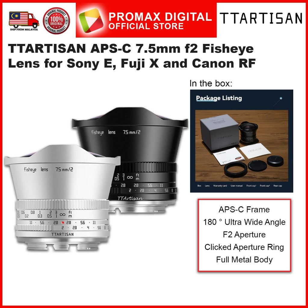 TTArtisan APS-C 7.5mm f2 Fisheye Wide Angle Lens for E X and RF Mount Manual Focus Full Frame