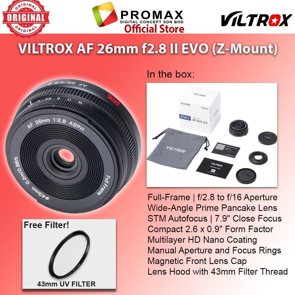 Viltrox AF 26mm f2.8 EVO Full Frame Pancake Camera Lens for Sony E and Nikon Z Mount