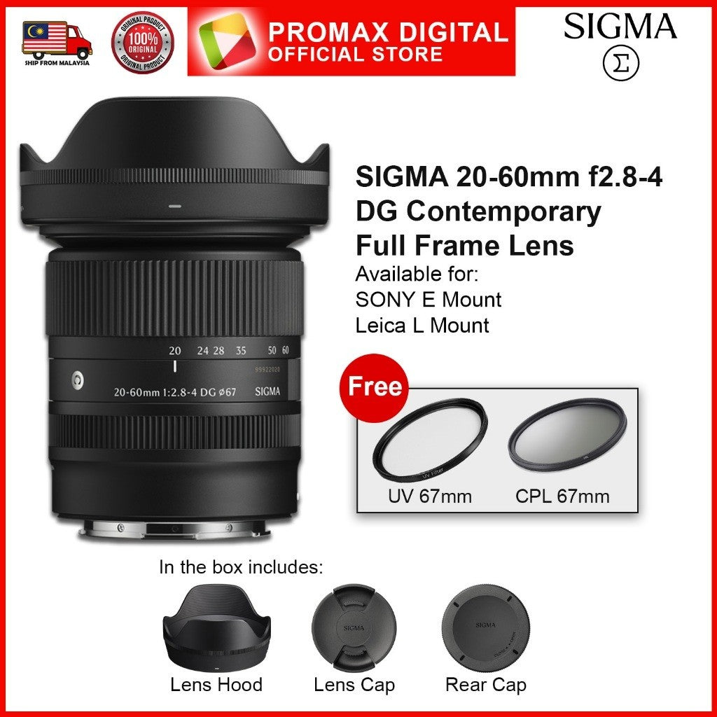 Sigma 20-60mm f2.8-4 DG Contemporary Full Frame Camera Lens for FE and L Mount FREE FILTERS!!