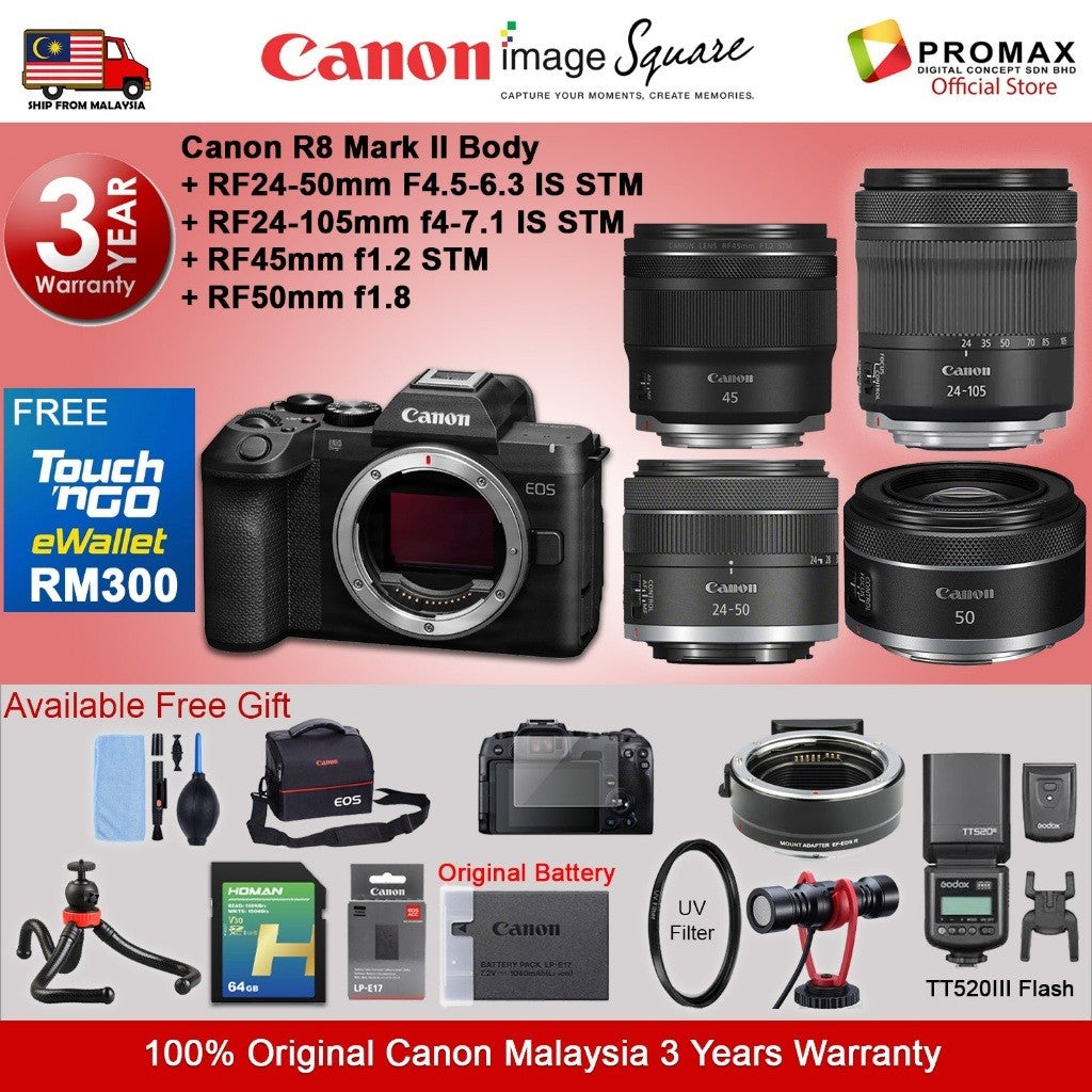 Canon EOS R8 Mark II Body & R8 RF 24-50mm f4.5-6.3 IS STM RF24-105mm Mirrorless Camera