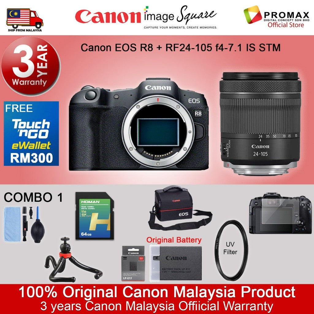Canon EOS R8 Body & R8 RF 24-50mm f/4.5-6.3 IS STM Mirrorless Camera (Canon R8 Malaysia 3 Years Warranty)