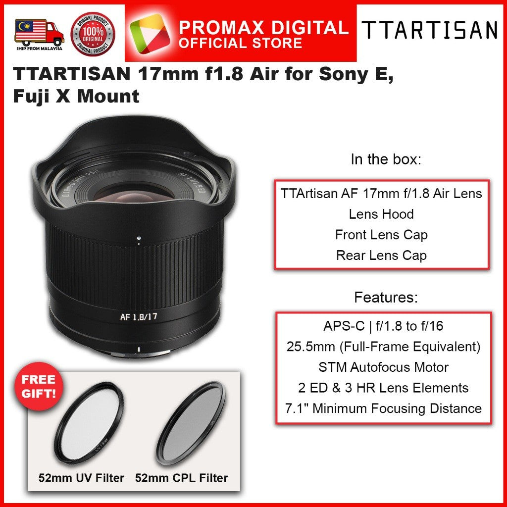 TTArtisan AF 17mm f1.8 Air APS-C Camera Lens for Sony E And Fuji X Mount Autofocus Lens