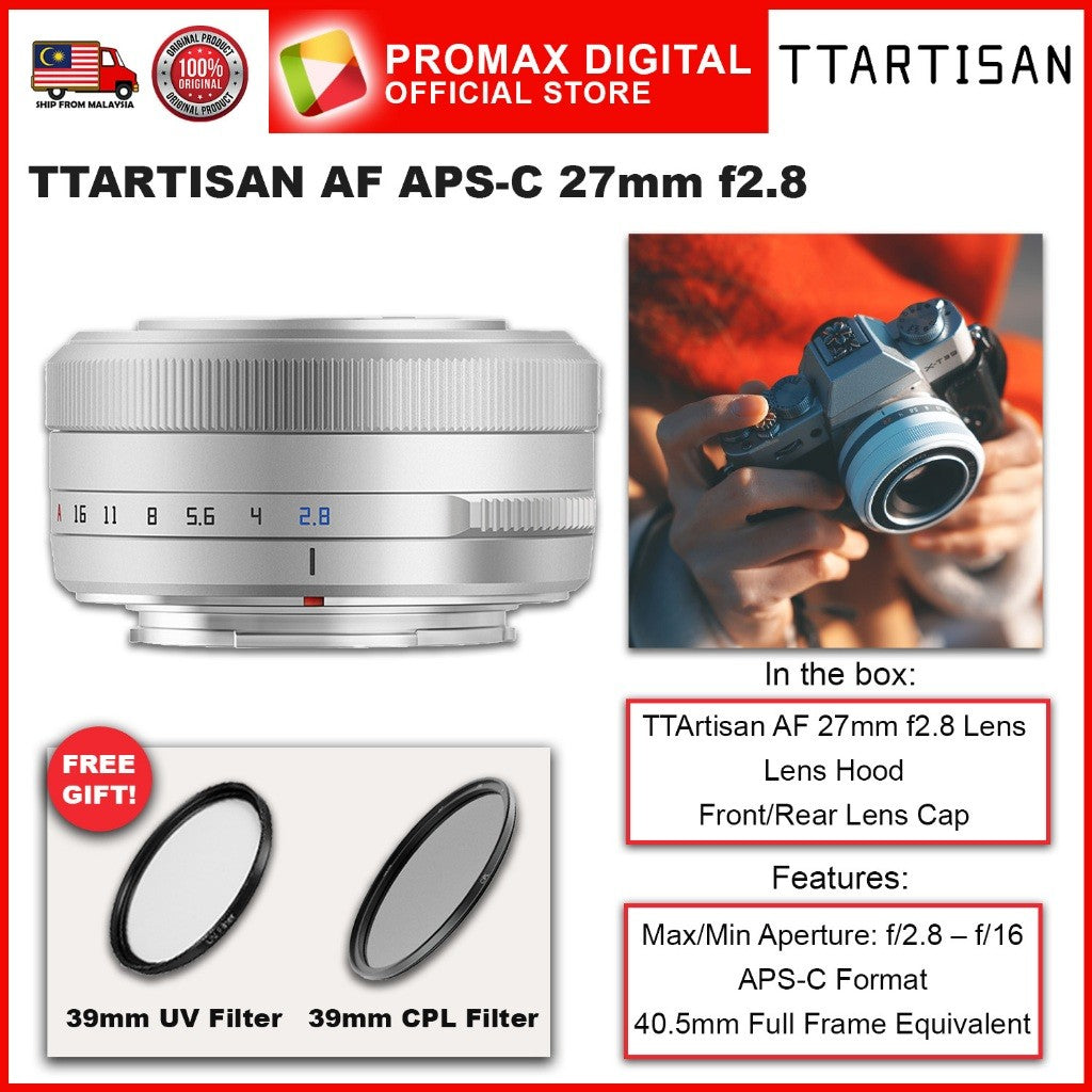 TTArtisan AF 27mm f2.8 for X E and Z Mount APS-C Camera Lens Black and Silver