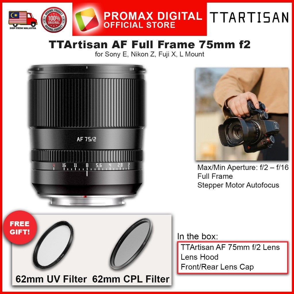 TTArtisan AF Full Frame 75mm f2 Camera Lens for E Z X and L Mount
