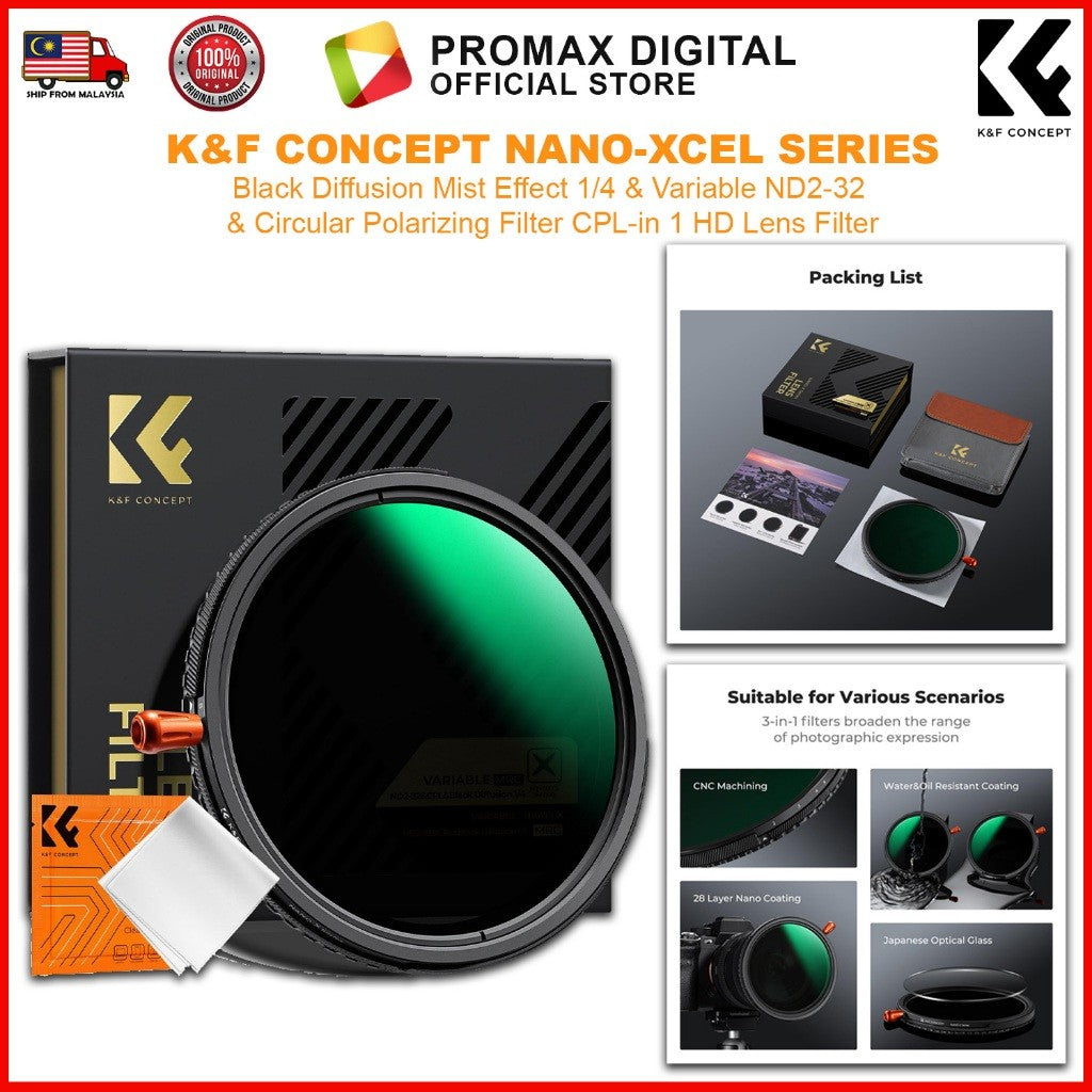 K&F Concept Variable NANO-X Nano-Xcel Series Black Diffusion 1/4 Variable ND2-32 CPL Lens Filter