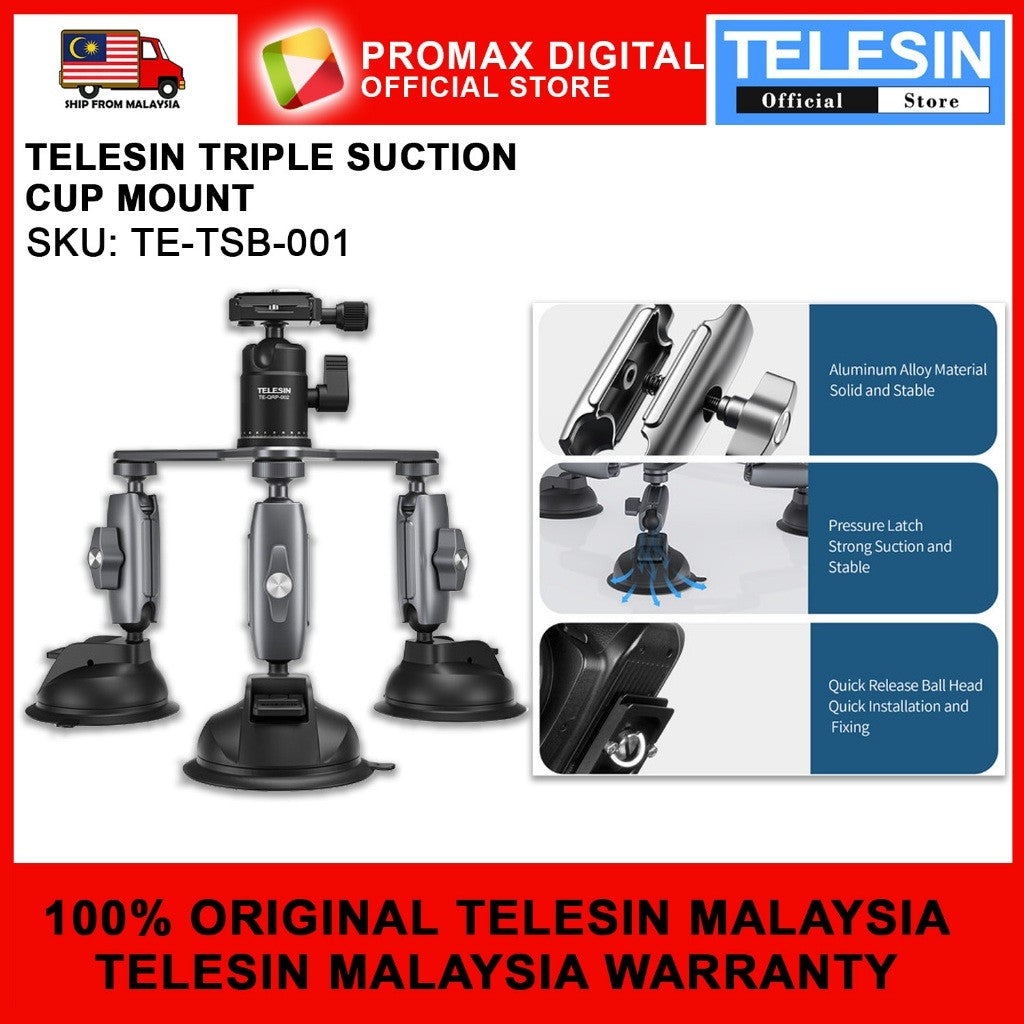 TELESIN TE-TSB-001 TRIPLE ARM SUCTION CUP MOUNT CAR MOUNT FOR CAMERAS