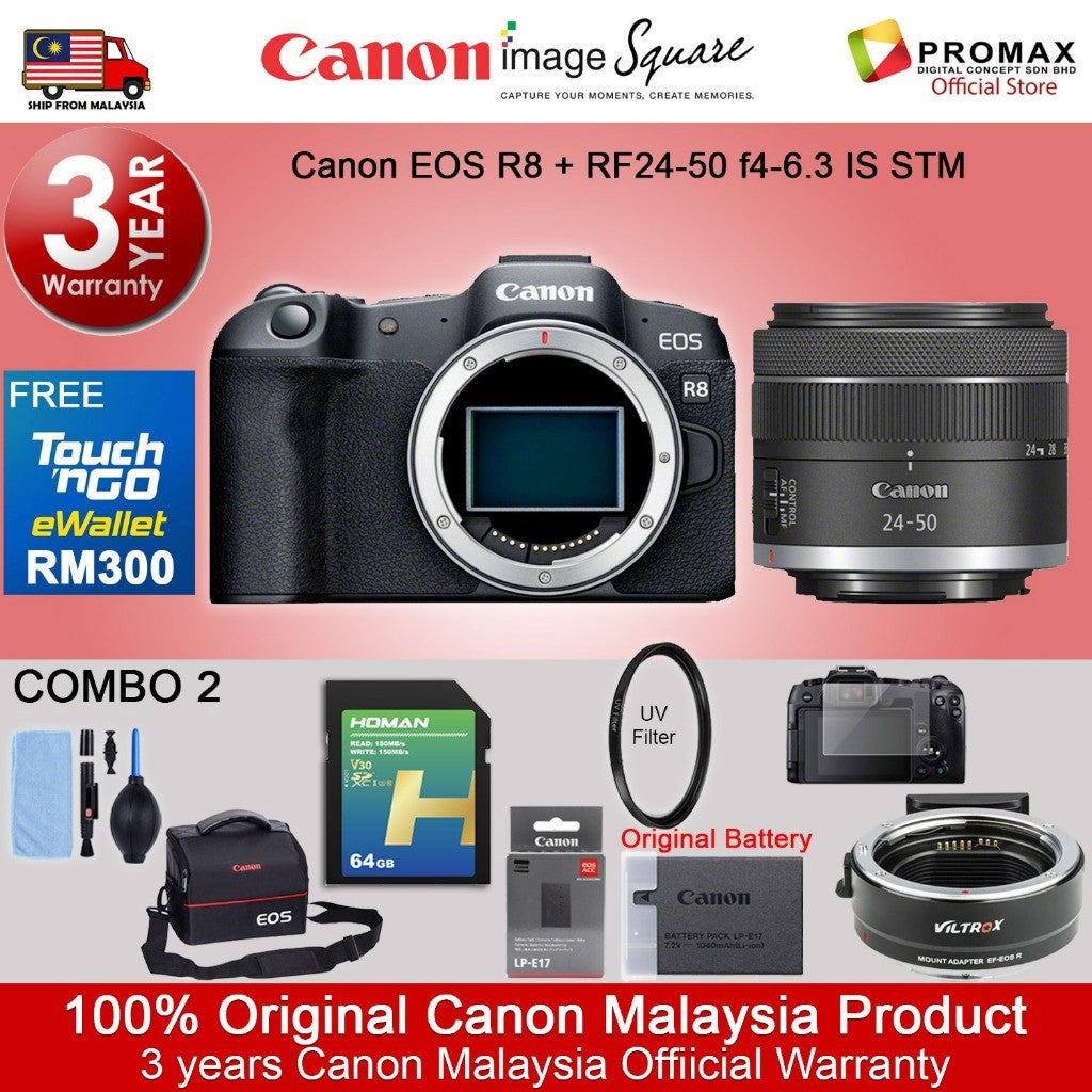 Canon EOS R8 Body & R8 RF 24-50mm f/4.5-6.3 IS STM Mirrorless Camera (Canon R8 Malaysia 3 Years Warranty)