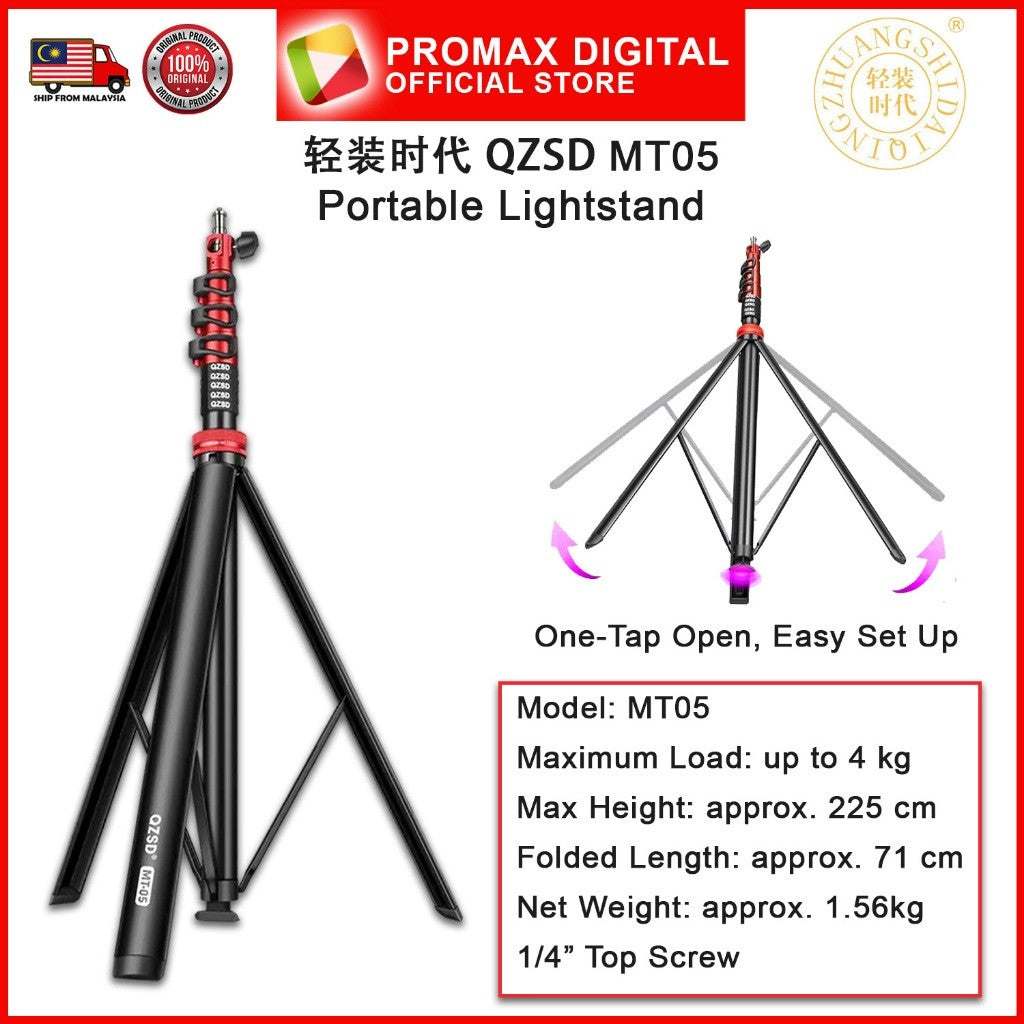 QZSD MT05 Portable Lightstand One Tap Easy Set Up for Studio or Outdoor Light Stand