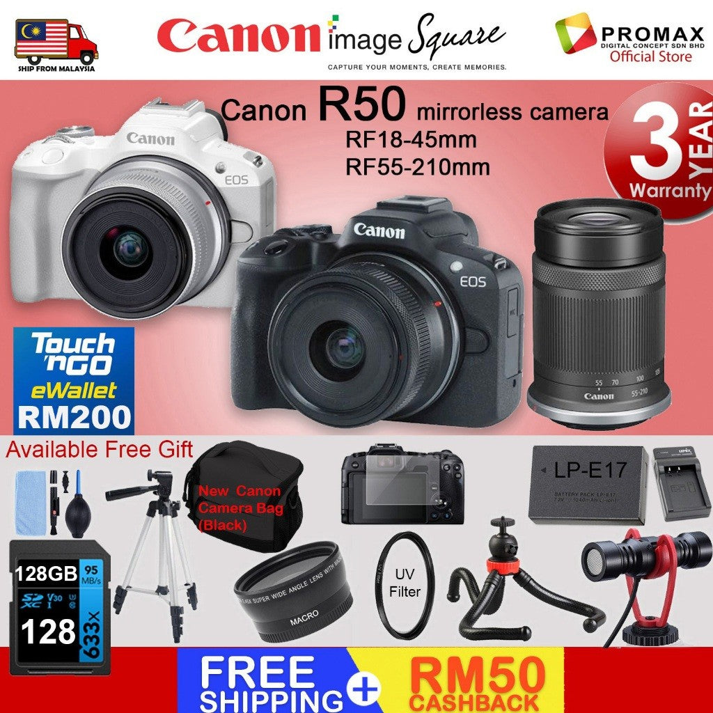CHEAPEST! Canon EOS R50 18-45mm 55-210mm Mirrorless Camera Black/White (CANON MALAYSIA 3 YEARS WARRANTY) Canon R50