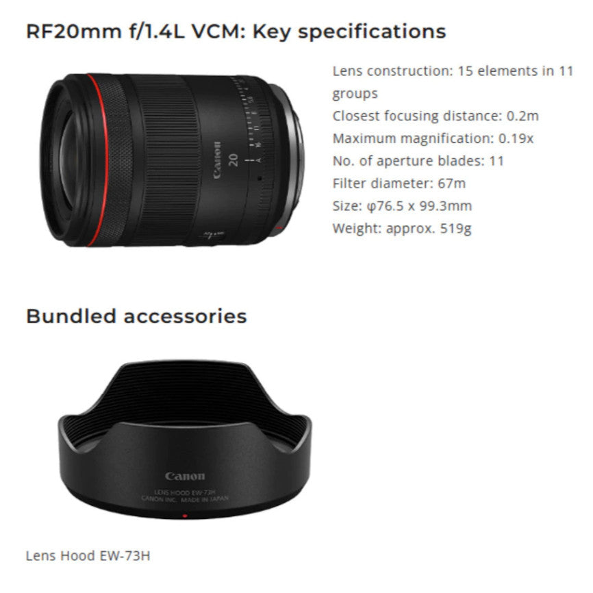 CANON RF20mm f1.4 L VCM LENS + FOC 67mm UV Filter RF 20MM F1.4L