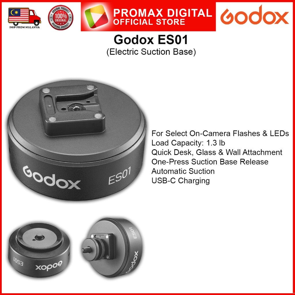 Godox ES01 Electric Suction Base for compact LED Light On Camera Flash USB-C Charging