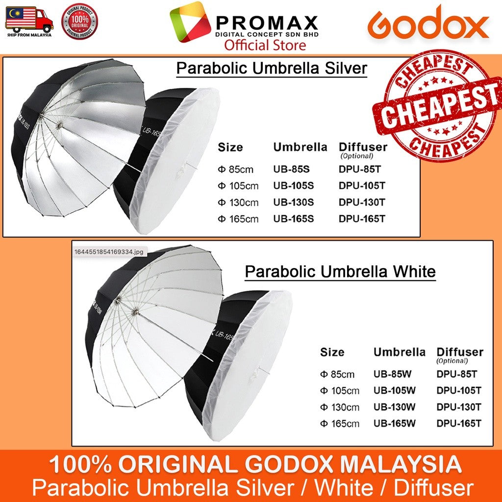 Godox Parabolic Umbrella Diffuser UB-85S UB-105S UB-130S UB-165S Silver  UB-85W UB-105W UB-130W UB-165W White