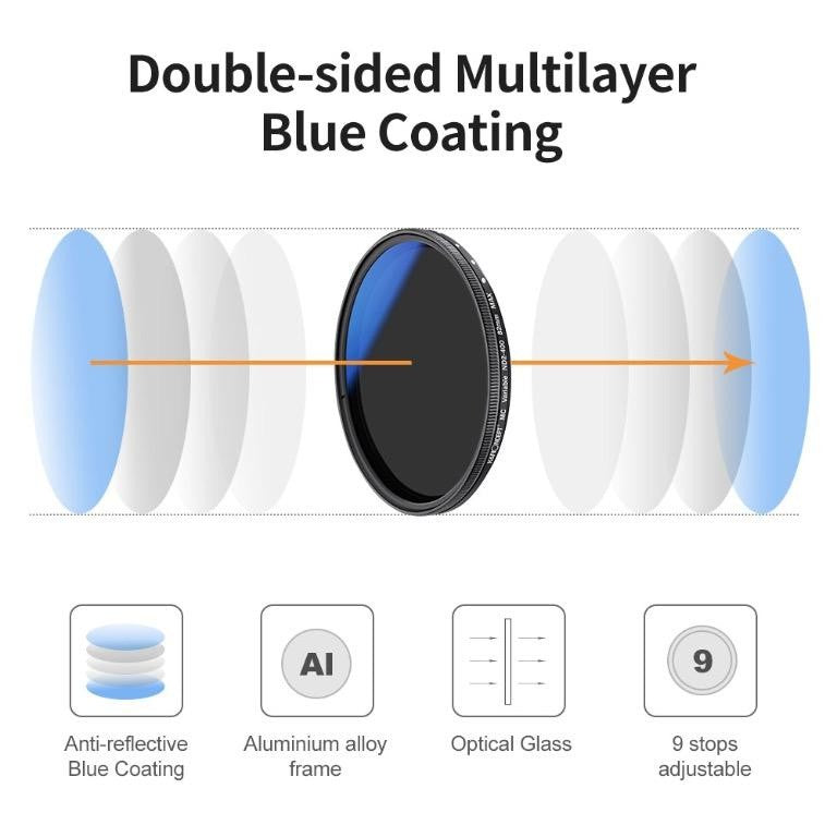 CHEAPEST! K&F Concept ND2-400 Variable ND Fader ND Filter Multi Layer Blue Coating VND 1-9 stops JAPAN glass