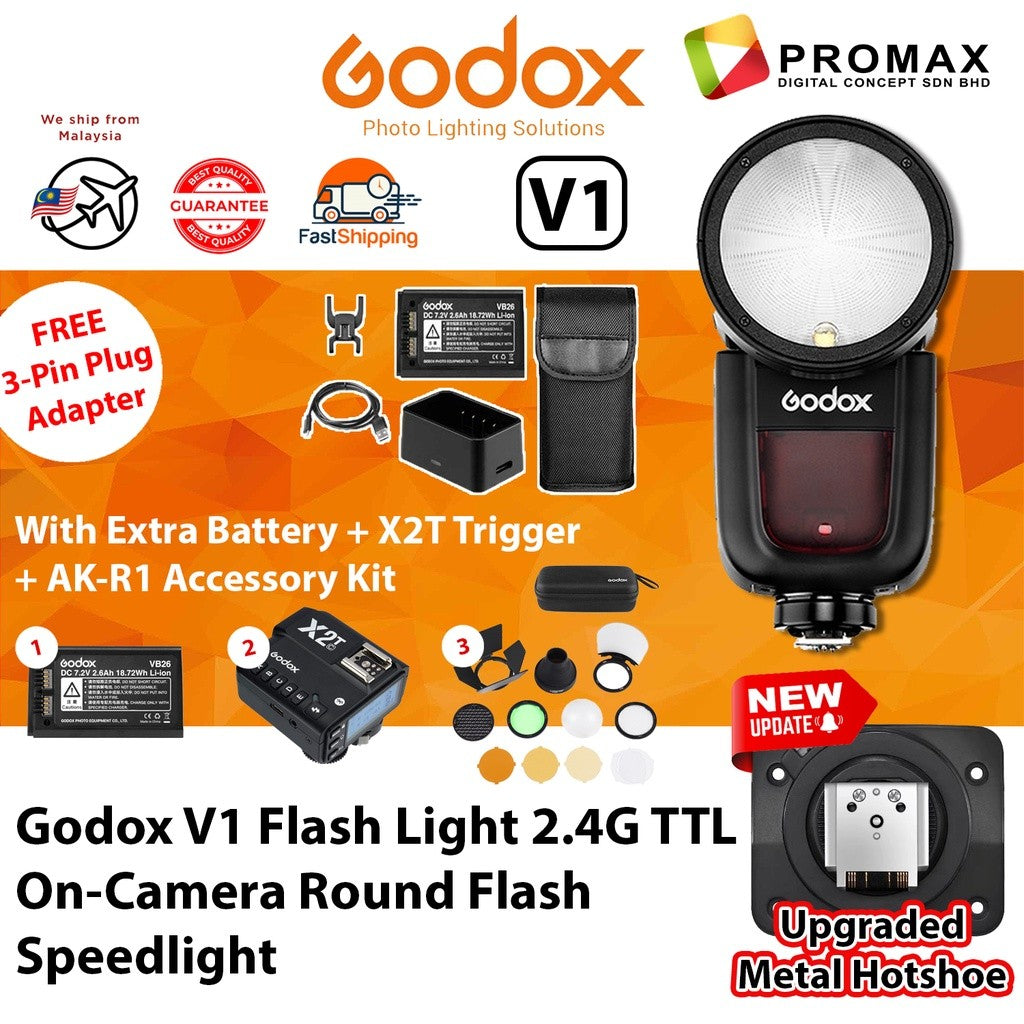 UPGRADED Metal Hotshoe Godox V1 V1S SONY Flash Speedlight Round Flash TTL  Battery HSS with AK-R1 VB26 X2T Accessory Kit