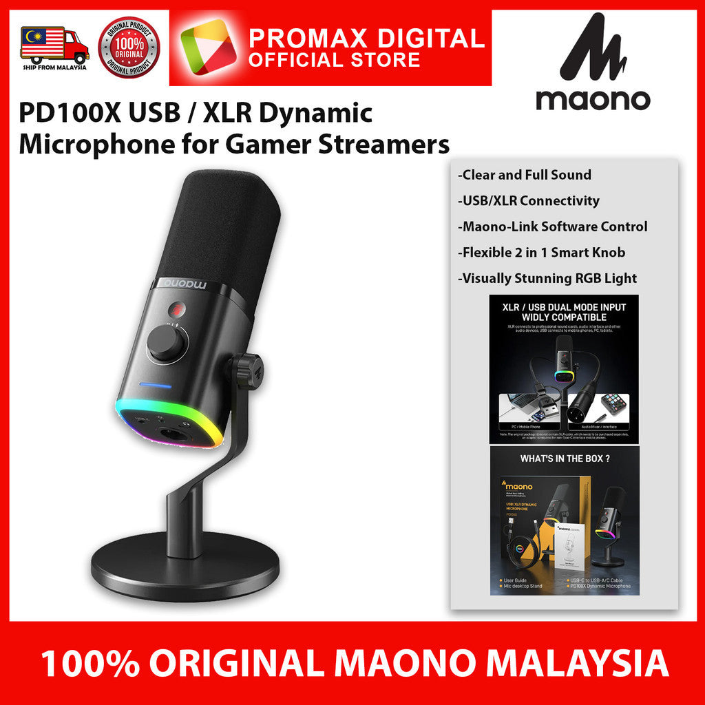 Maono PD100X Dynamic USB/XLR RGB Gaming Microphone for Game Streamers Maonocaster