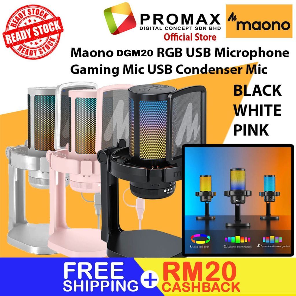 MAONO DGM20 RGB USB MICROPHONE GAMING MIC WITH ONE TAP NOISE CANCELLING DM20 (Black / Pink / White) Maonocaster
