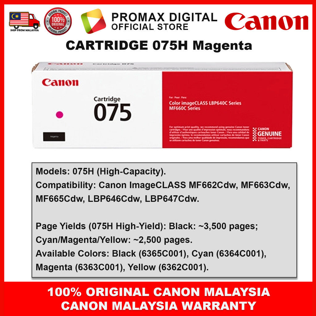 Canon Toner Cart 075 / 075H High-Capacity Toner Cartridge  LBP646Cdw LBP647Cdw MF662Cdw MF664Cdw MF667Cx