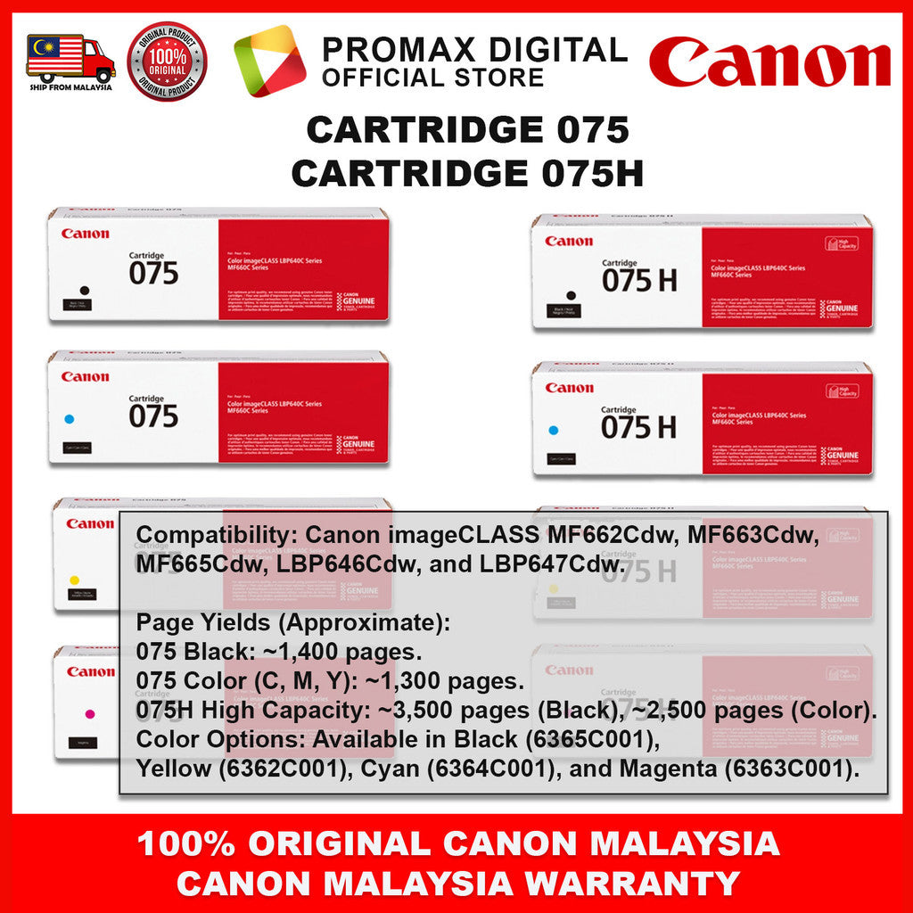 Canon Toner Cart 075 / 075H High-Capacity Toner Cartridge  LBP646Cdw LBP647Cdw MF662Cdw MF664Cdw MF667Cx