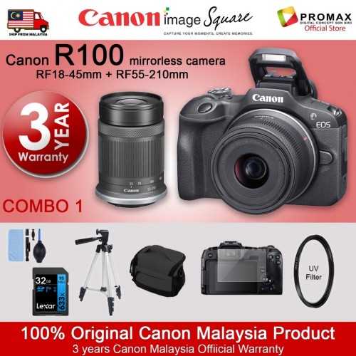 Canon EOS R100 Mirrorless Digital Camera Body with RF-S 18-45mm IS STM LENS + RF-S55-210mm IS STM LENS - MALAYSIA 3 YEARS WARRANTY