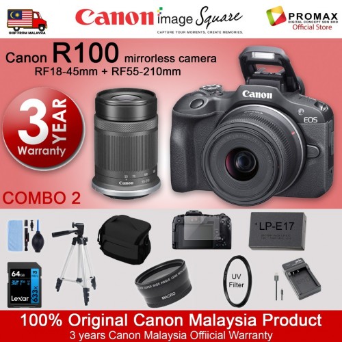 Canon EOS R100 Mirrorless Digital Camera Body with RF-S 18-45mm IS STM LENS + RF-S55-210mm IS STM LENS - MALAYSIA 3 YEARS WARRANTY