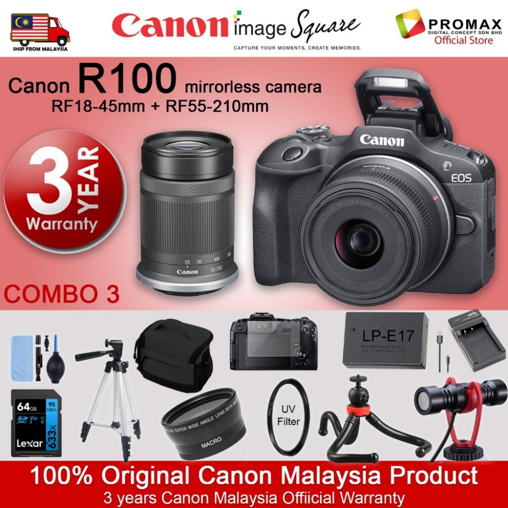 Canon EOS R100 Mirrorless Digital Camera Body with RF-S 18-45mm IS STM LENS + RF-S55-210mm IS STM LENS - MALAYSIA 3 YEARS WARRANTY Canon EOS R100 Mirrorless Digital Camera Body with RF-S 18-45mm IS STM LENS + RF-S55-210mm IS STM LENS - MALAYSIA 3 YEARS WARRANTY