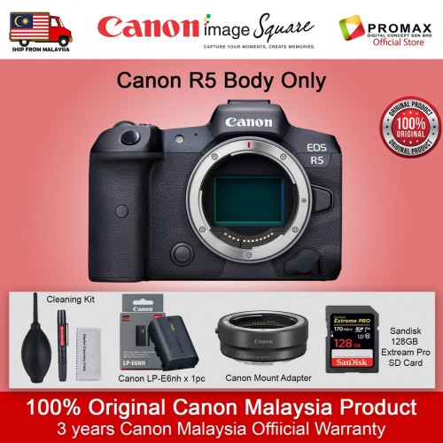 Canon EOS R5 Full-Frame Mirrorless Digital Camera WITH CANON LP-E6nh and RF 24-105mm F5L IS USM LENS 100% Original Malaysia