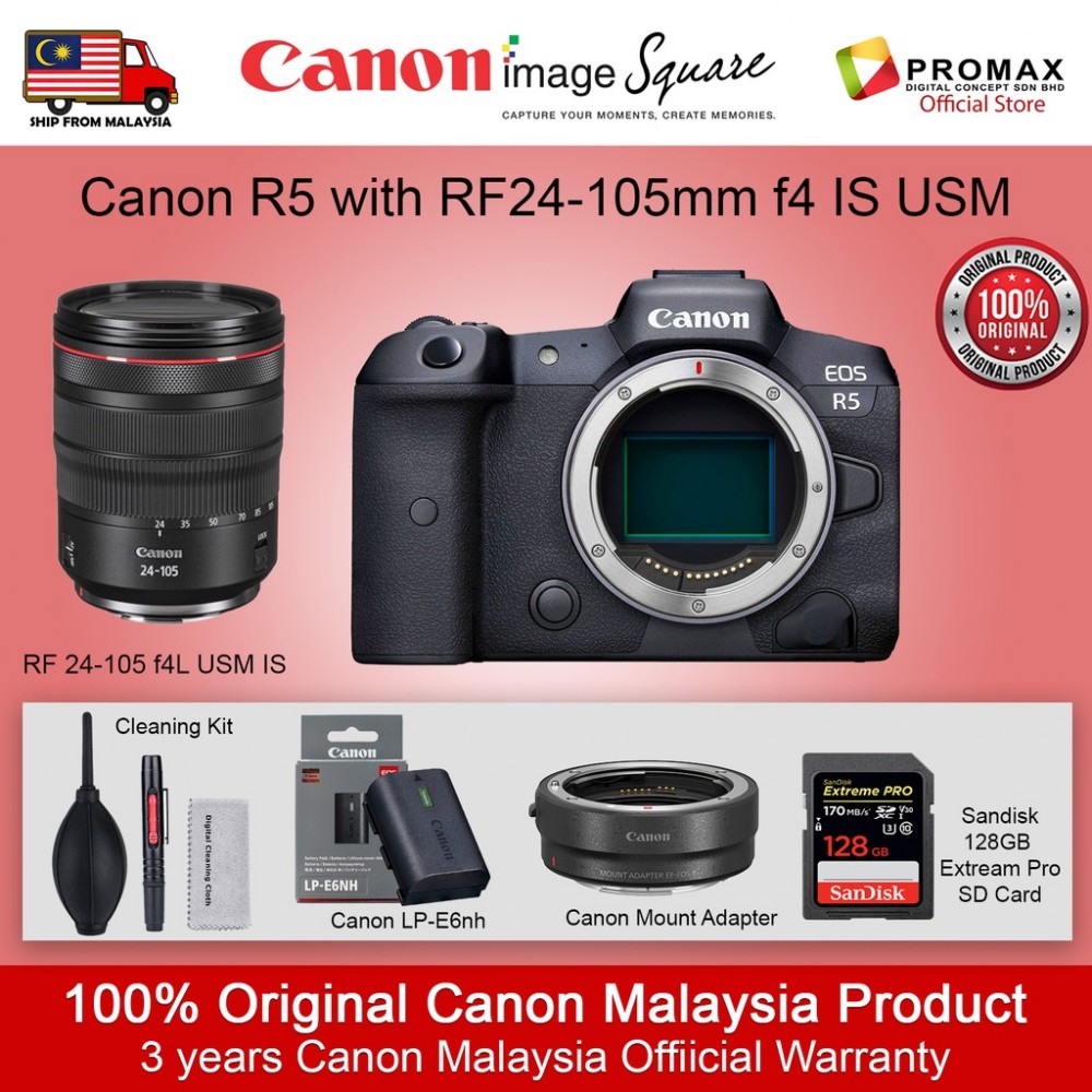 Canon EOS R5 Full-Frame Mirrorless Digital Camera WITH CANON LP-E6nh and RF 24-105mm F5L IS USM LENS 100% Original Malaysia Canon EOS R5 Full-Frame Mirrorless Digital Camera WITH CANON LP-E6nh and RF 24-105mm F5L IS USM LENS 100% Original Malaysia