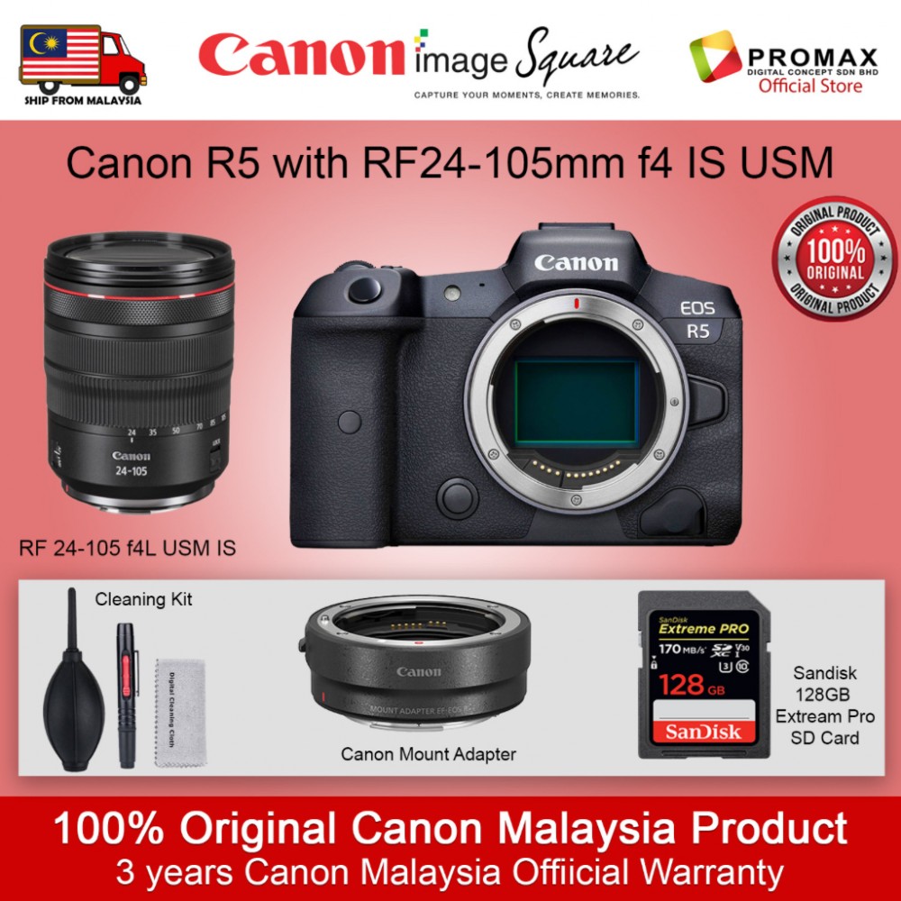 Canon EOS R5 Full-Frame Mirrorless Digital Camera WITH CANON LP-E6nh and RF 24-105mm F5L IS USM LENS 100% Original Malaysia Canon EOS R5 Full-Frame Mirrorless Digital Camera WITH CANON LP-E6nh and RF 24-105mm F5L IS USM LENS 100% Original Malaysia