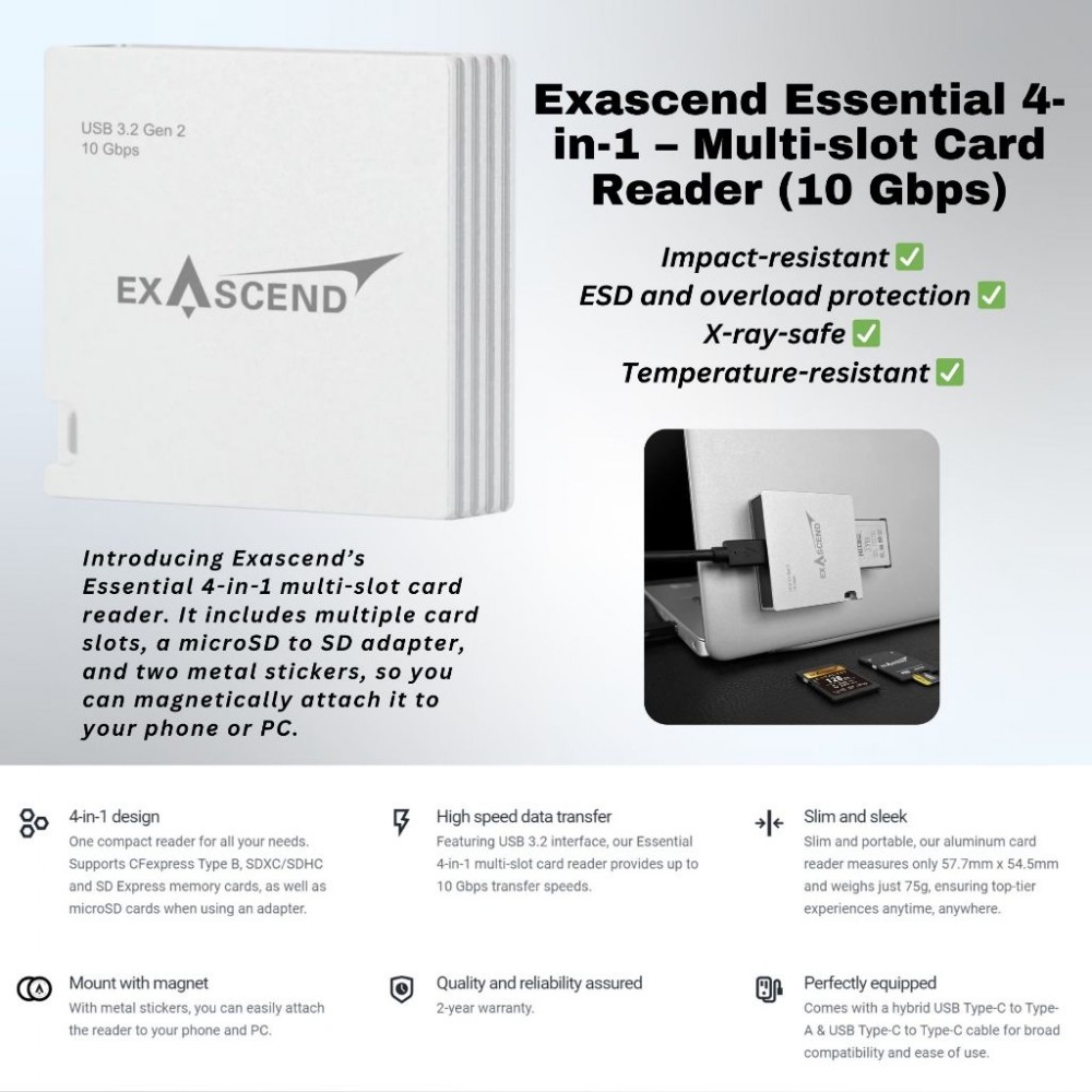 EXASCEND 4-in-1 Multi-Slot Card Reader / CFexpress Type B / CFast 2.0 / SD / Micro SD Card Readers EXASCEND 4-in-1 Multi-Slot Card Reader / CFexpress Type B / CFast 2.0 / SD / Micro SD Card Readers