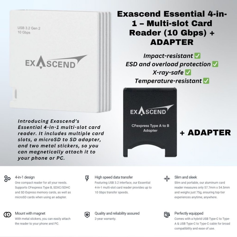 EXASCEND 4-in-1 Multi-Slot Card Reader / CFexpress Type B / CFast 2.0 / SD / Micro SD Card Readers EXASCEND 4-in-1 Multi-Slot Card Reader / CFexpress Type B / CFast 2.0 / SD / Micro SD Card Readers