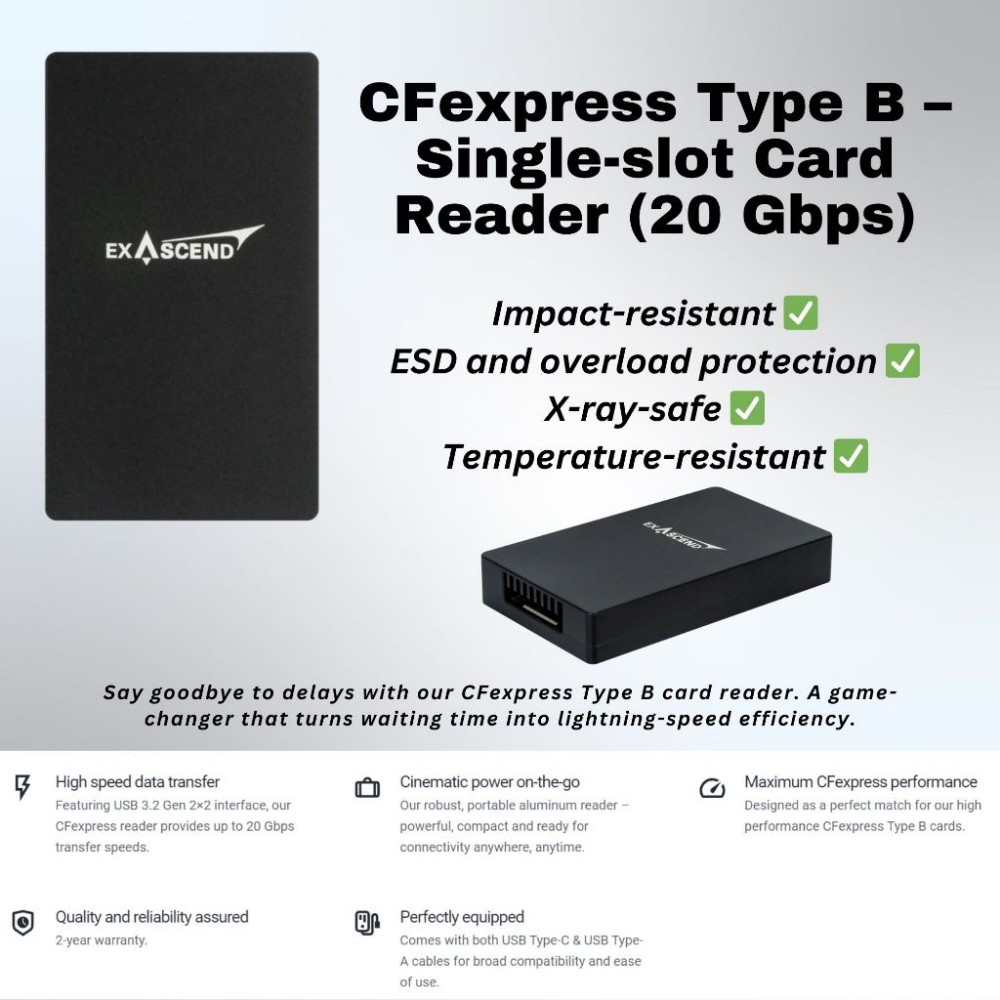 EXASCEND 4-in-1 Multi-Slot Card Reader / CFexpress Type B / CFast 2.0 / SD / Micro SD Card Readers EXASCEND 4-in-1 Multi-Slot Card Reader / CFexpress Type B / CFast 2.0 / SD / Micro SD Card Readers