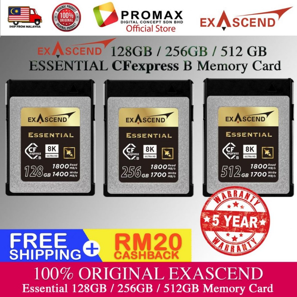 EXASCEND ESSENTIAL 128GB/256GB /512GB CFexpress MEMORY CARD TYPE-B (READ 1800MB/S WRITE 1400/1700MB/S) EXASCEND ESSENTIAL 128GB/256GB /512GB CFexpress MEMORY CARD TYPE-B (READ 1800MB/S WRITE 1400/1700MB/S)
