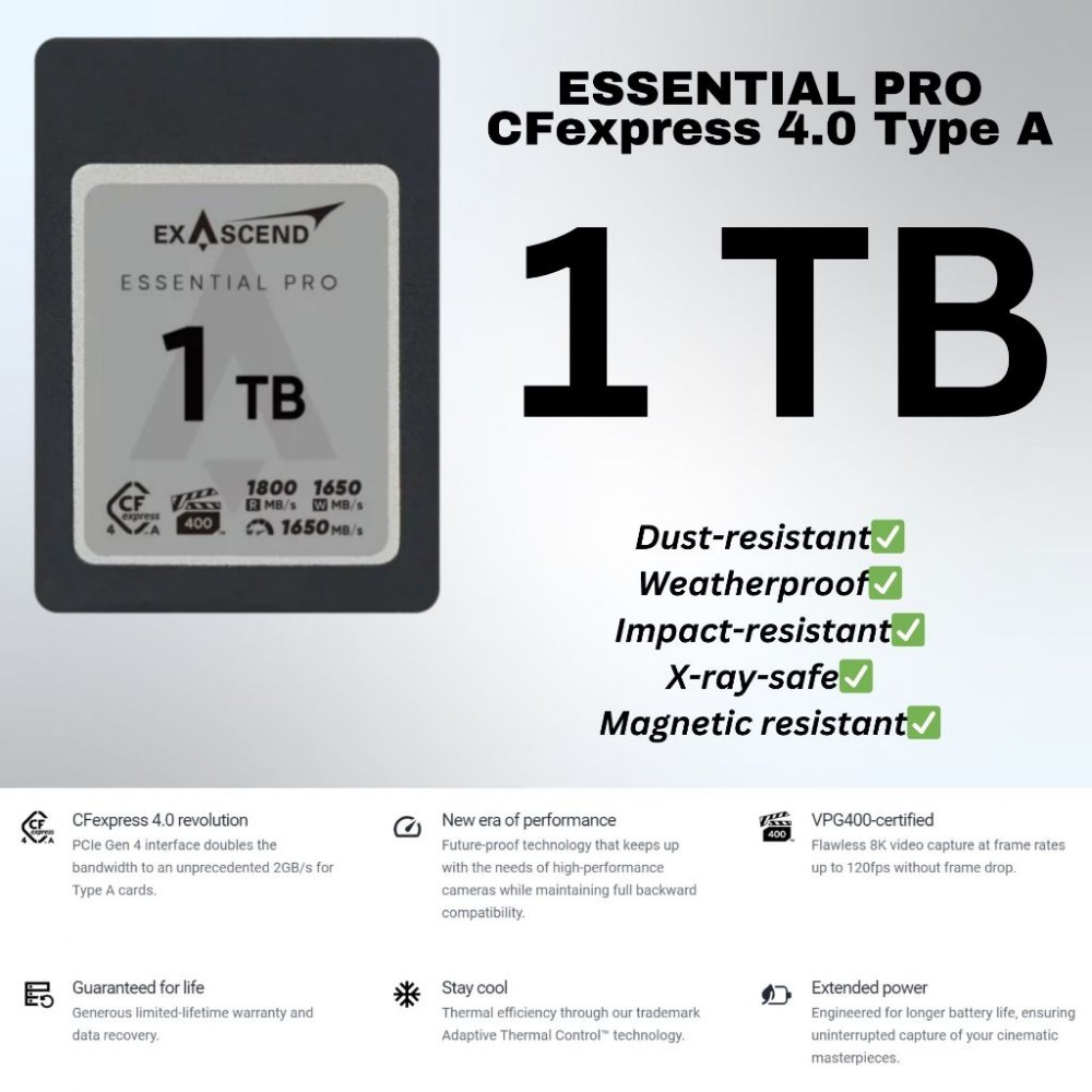 Exascend ESSENTIAL PRO Gen 4 CFexpress 4.0 Type A Cards 1TB / 512GB / 256GB Exascend ESSENTIAL PRO Gen 4 CFexpress 4.0 Type A Cards 1TB / 512GB / 256GB