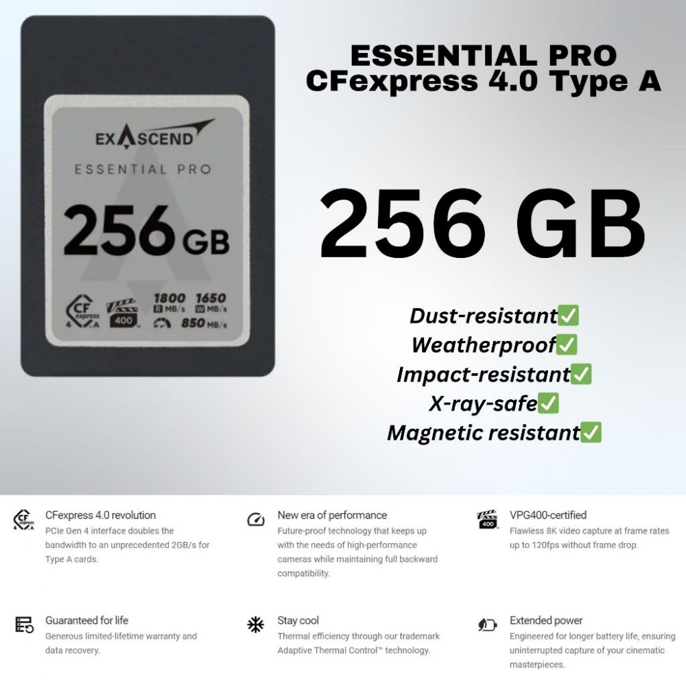 Exascend ESSENTIAL PRO Gen 4 CFexpress 4.0 Type A Cards 1TB / 512GB / 256GB Exascend ESSENTIAL PRO Gen 4 CFexpress 4.0 Type A Cards 1TB / 512GB / 256GB