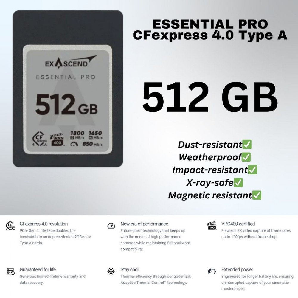 Exascend ESSENTIAL PRO Gen 4 CFexpress 4.0 Type A Cards 1TB / 512GB / 256GB Exascend ESSENTIAL PRO Gen 4 CFexpress 4.0 Type A Cards 1TB / 512GB / 256GB