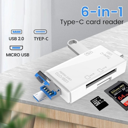 6 in 1 Otg Type C Card Reader Usb 2.0 TF Mirco SD Smart Memory Flash Drive Adapter