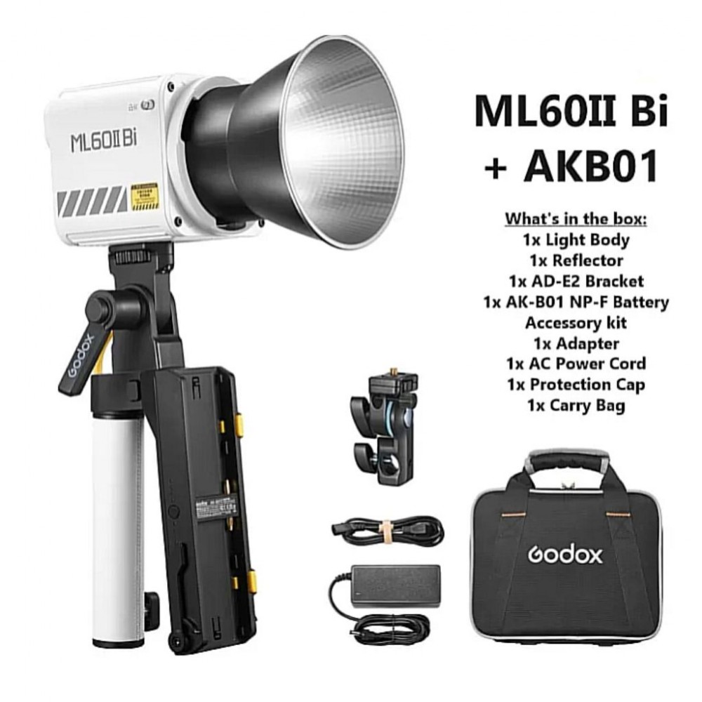 Godox ML60II Bi 70W Bi-Color Portable LED Video Light with AK-B01 NP-F Battery Grid Godox ML60II Bi 70W Bi-Color Portable LED Video Light with AK-B01 NP-F Battery Grid