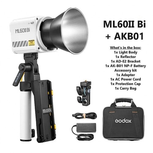 Godox ML60II Bi 70W Bi-Color Portable LED Video Light with AK-B01 NP-F Battery Grid
