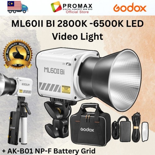Godox ML60II Bi 70W Bi-Color Portable LED Video Light with AK-B01 NP-F Battery Grid