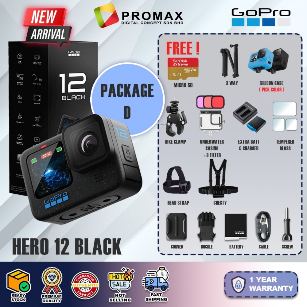 GoPro Hero 12 Black + SD Card Adventure Travel Sport 27MP 5K60 Hypersmooth 5.0 / 6.0 Action Camera GoPro Hero 12 Black + SD Card Adventure Travel Sport 27MP 5K60 Hypersmooth 5.0 / 6.0 Action Camera
