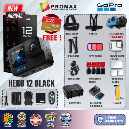 GoPro Hero 12 Black + SD Card Adventure Travel Sport 27MP 5K60 Hypersmooth 5.0 / 6.0 Action Camera