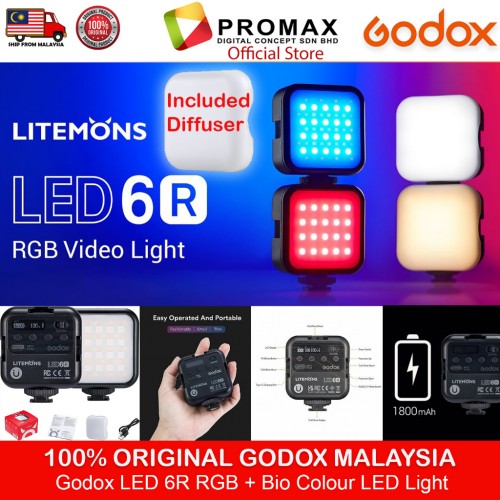 Godox LITEMONS LED 6R RGB Video Light Dimmable Color 3200K-6500K 13 FX Effects Built-in 1800mAh Li-ion Battery