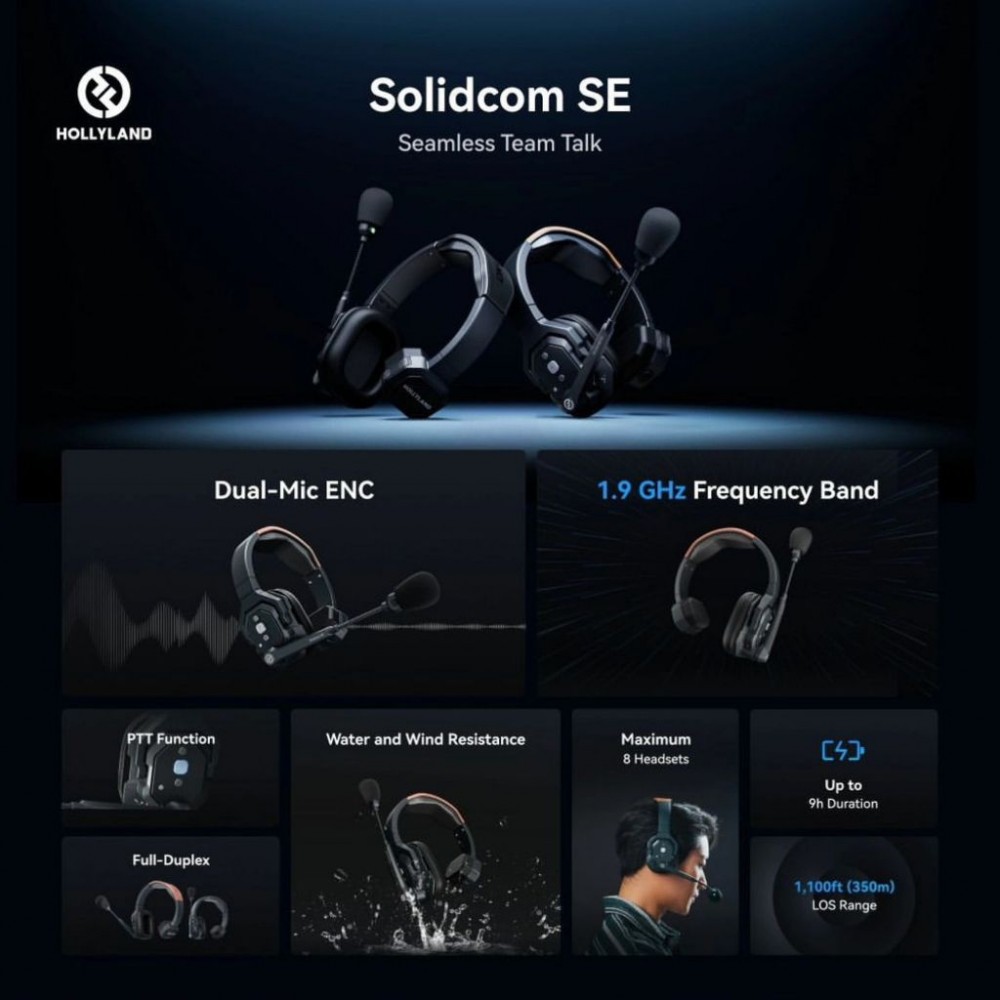 Hollyland Solidcom SE Wireless Waterproof Headset Intercom System with Noise Cancellation (3 - 8 units) Hollyland Solidcom SE Wireless Waterproof Headset Intercom System with Noise Cancellation (3 - 8 units)