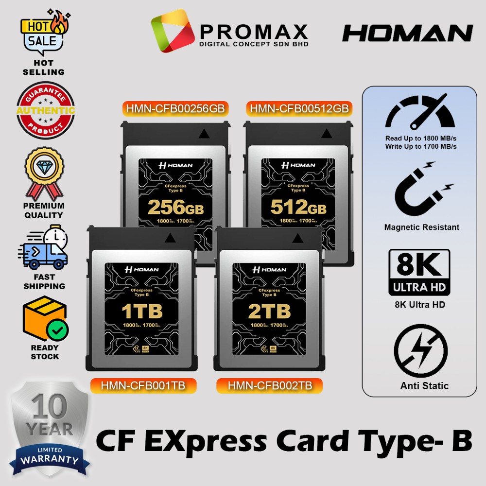 HOMAN CFEXPRESS CARD TYPE-B MEMORY CARD FOR FULL HD, 8K+ RAW VIDEO / PHOTO - 256GB / 512GB / 1TB / 2TB CF EXPRESS TYPE B HOMAN CFEXPRESS CARD TYPE-B MEMORY CARD FOR FULL HD, 8K+ RAW VIDEO / PHOTO - 256GB / 512GB / 1TB / 2TB CF EXPRESS TYPE B